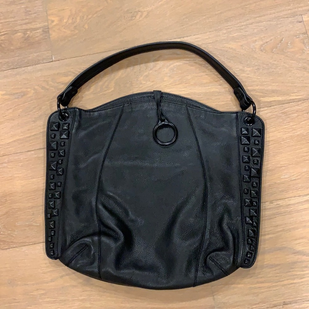 BCBG MAXAZRIA leather shoulder bag black with pyramid stud accents